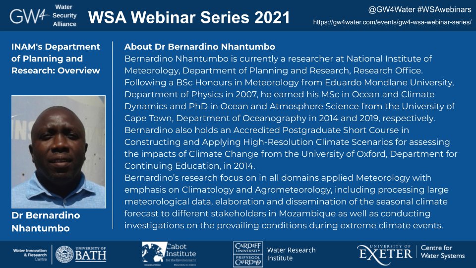Dr Bernardino Nhantumbo will introduce the research at #INAM🇲🇿#Mozambique on 28 May 1430BST
@Gw4Water #WSAwebinars.

@OVERCOME_DIDA
 
#flood #drought #health #community #resilience
@UKRI_News
 
@GCRF #DIDA #Digital #Innovation #Africa
👉gw4water.com/events/gw4-wsa…