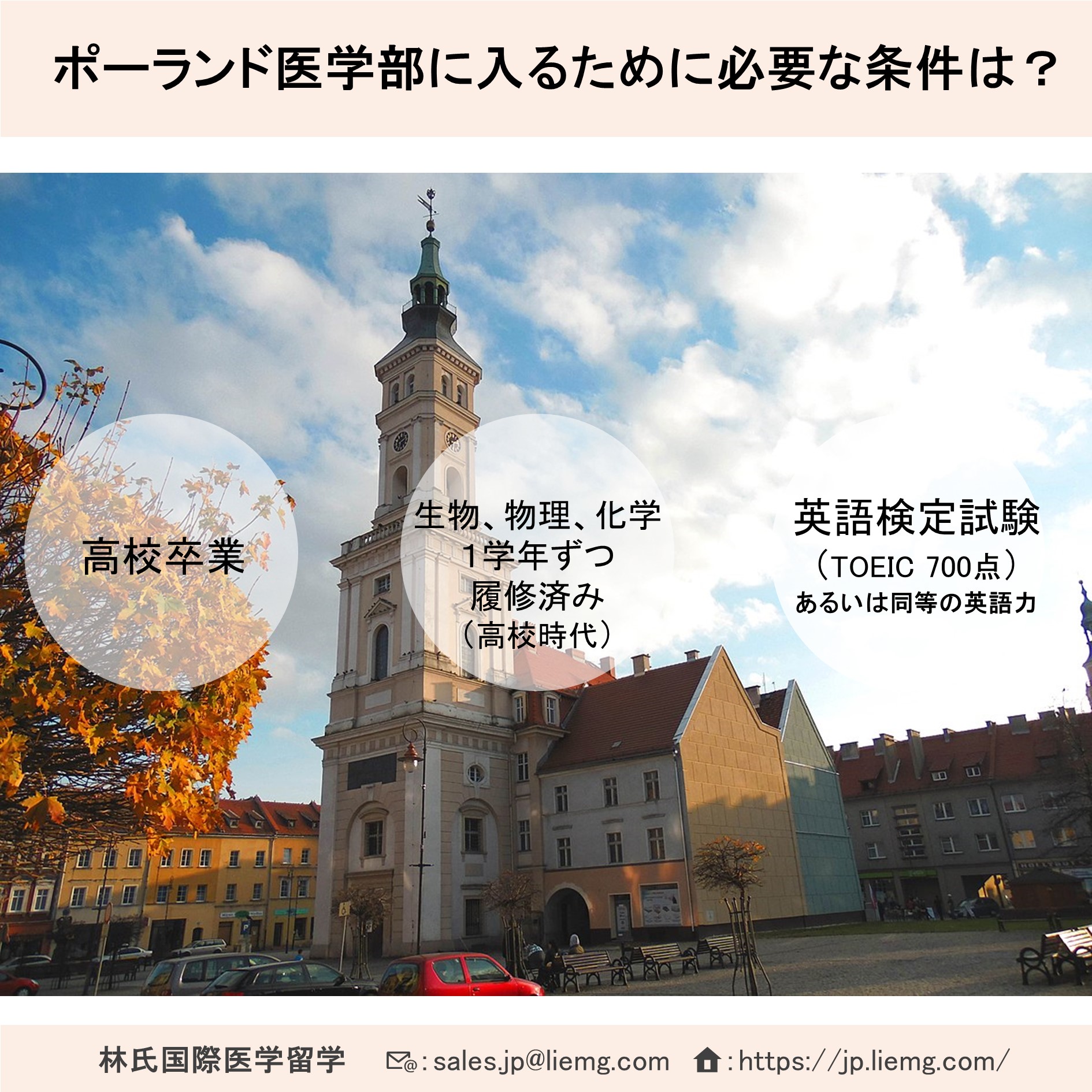 林氏国際医学留学 On Twitter ポーランド医学部に入るために必要な条件は 1 高卒以上 2 高校時代に生物 物理 化学各1学年ずつ履修済み 3 英検証明 Toeic 700点以上 あるいは同等の英語力 ポーランド医科大学2021年10月入学の出願受付を開始いたしました ご
