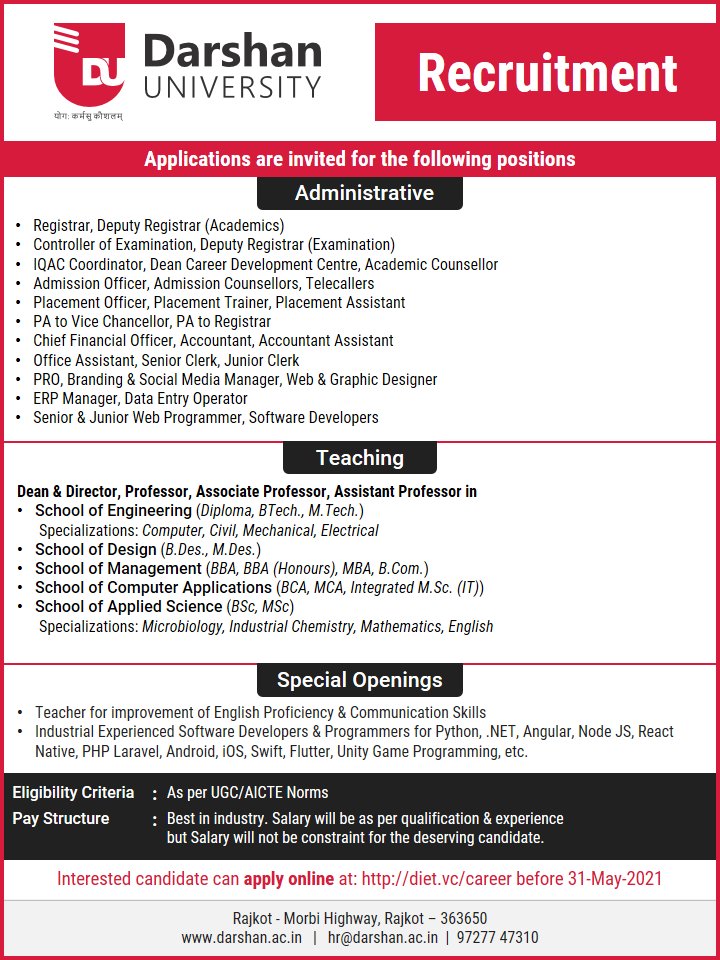 Darshan University on X: “Applications are invited for the various