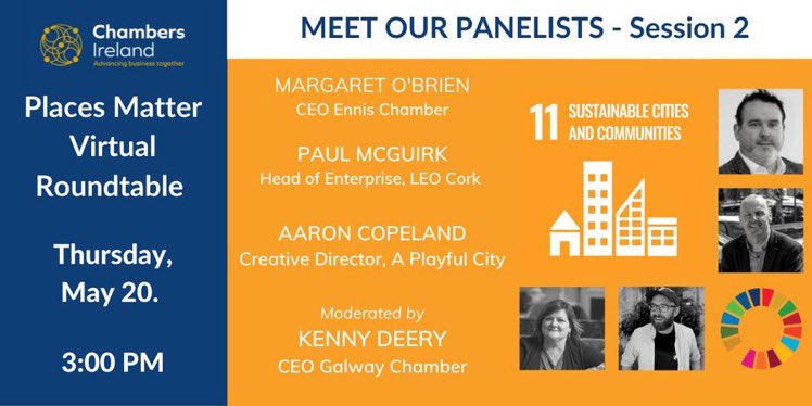 Delighted to represent @EnnisChamber @ChambersIreland roundtable on sustainable towns & cities today. I’m on Panel 2, starts @3pm with @LEOCork & @APlayfulCity. Chair is @KennethDeery CEO @GalwayChamber we’ll talk culture, art & age-friendly initiatives. bit.ly/3wpDVyB