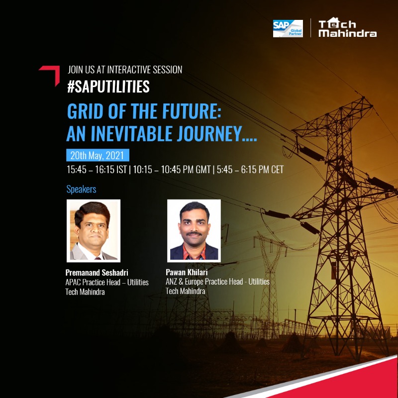 tech_mahindra's tweet photo. Don’t miss and join us at #saputilities to know more from our experts @prem_seshadri and @pawan_khilari to understand the change in #utilities industry what we can do today to lay roadmap for the future #grid.

Register Now: https://t.co/VsiZT4xvD4

#Unlockthenxtnow #Utilitiesnxt