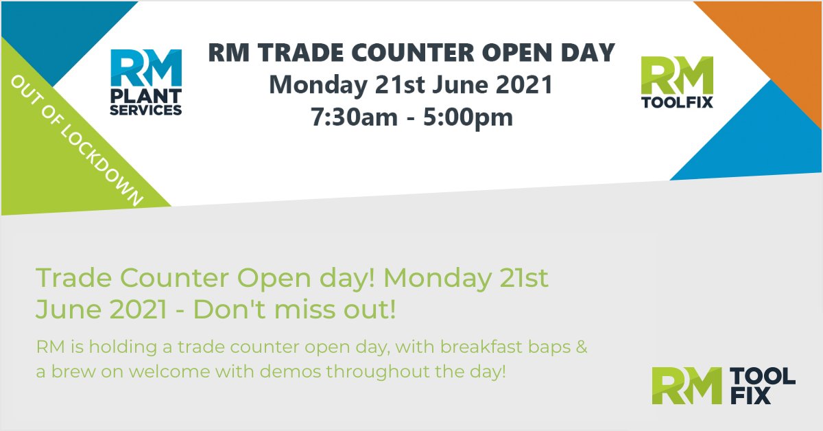 RMToolfix's tweet photo. 🚨 RM Trade Counter Open Day! 🚨

Don't forget to mark your calendars for Monday 21st June 2021 for our open day! Follow the link for full info ➡ https://t.co/KZlsuicnOE

#RMToolfix #RMPlantServices #ConstructionUK #DIY #PlantHire #ToolHire #OpenDay #ThursdayThoughts #DoItRight https://t.co/ZeFmTwc7jd