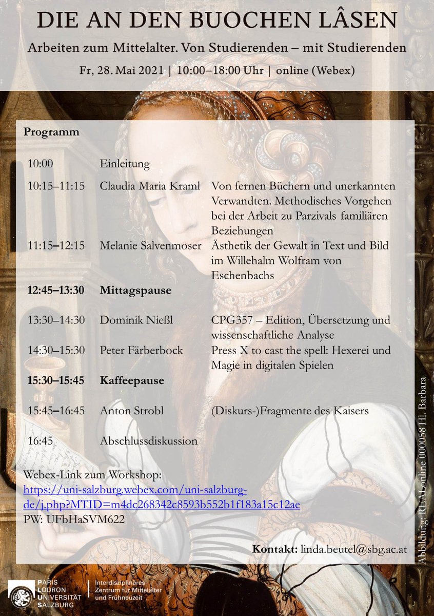 izmfunisalzburg's tweet photo. Das Programm für unseren Nachwuchsworkshop steht nun und Anmeldungen als Zuhörer*in sind immer noch sehr willkommen 😊 #unisalzburg #medieval #mittelalterzentrum #nachwuchsnetzwerk #workshop https://t.co/CTvcI4z3uu