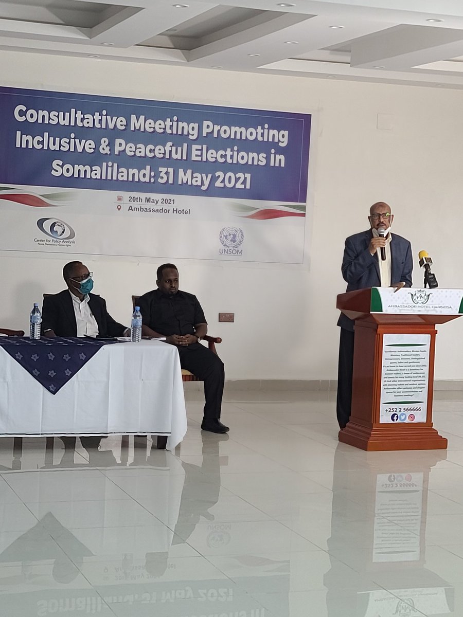 CPA_Horn's tweet photo. .#HappeningNow: High-level consultative meeting promoting inclusive and peaceful elections on 31 May 2021, co-organized by @CPA_Horn and @UNSomalia. Representatives from the 3 political parties, govt, CSOs, Women &amp; Minority activists, &amp; #Somaliland's Int'l Partners attended. https://t.co/fIi9VeF7R1