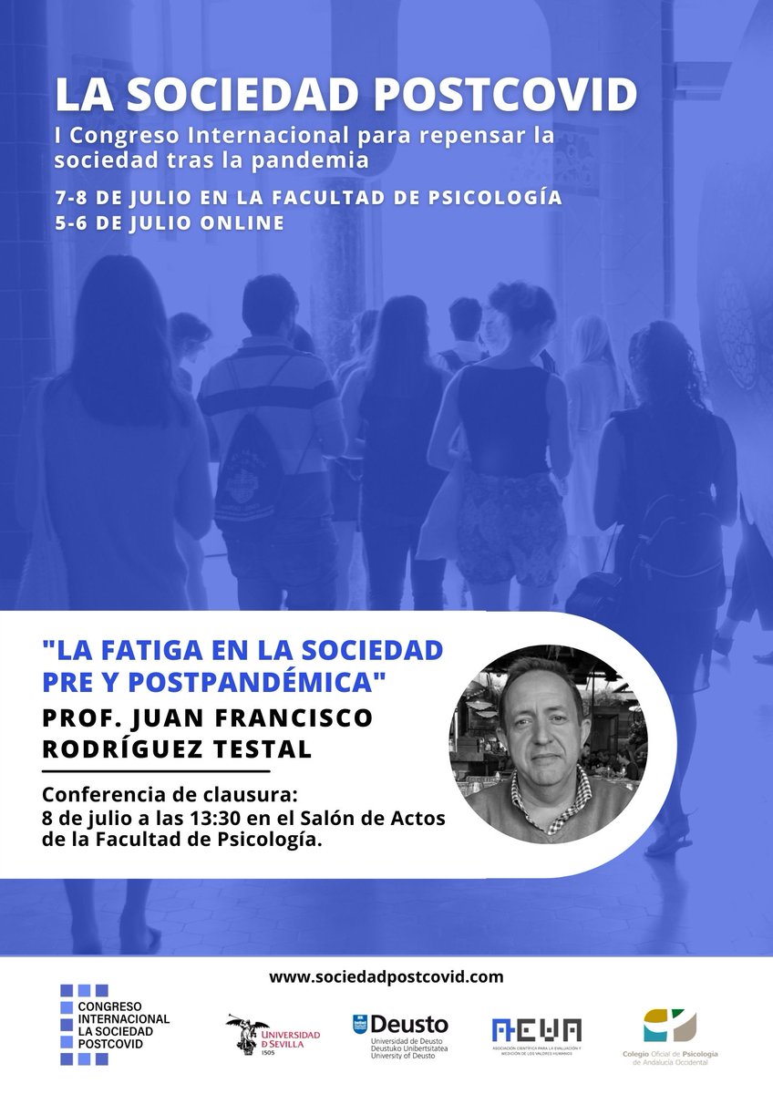 ¡Ya tenemos confirmadas tanto la sesión de inauguración como la de clausura! Raquel Medina, de Aston University y Juan Francisco Rodríguez Testal, de Universidad de Sevilla, estarán con nosotros en #Sevilla los días 7 y 8 de abril👇
sociedadpostcovid.com 🦠
#LaSociedadPostCovid