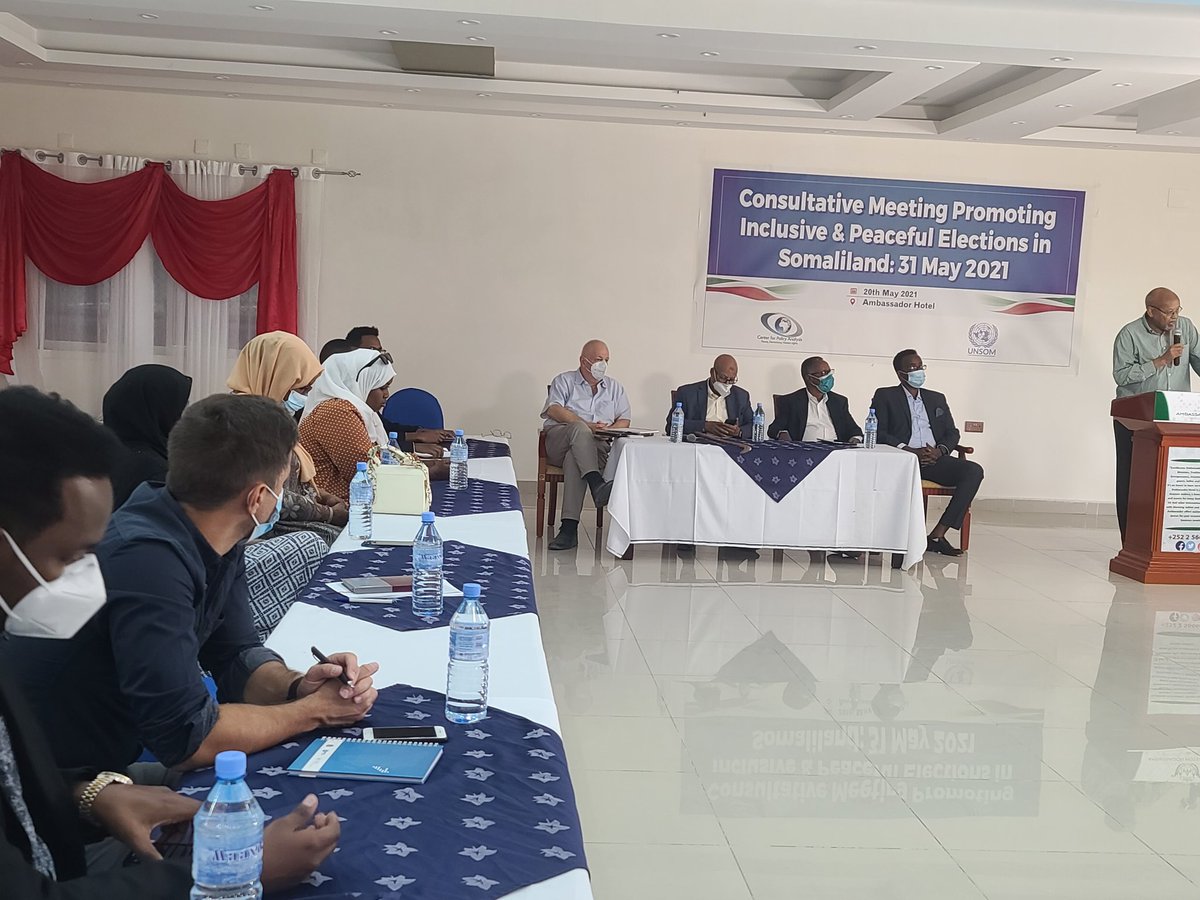 CPA_Horn's tweet photo. .#HappeningNow: High-level consultative meeting promoting inclusive and peaceful elections on 31 May 2021, co-organized by @CPA_Horn and @UNSomalia. Representatives from the 3 political parties, govt, CSOs, Women &amp; Minority activists, &amp; #Somaliland's Int'l Partners attended. https://t.co/fIi9VeF7R1