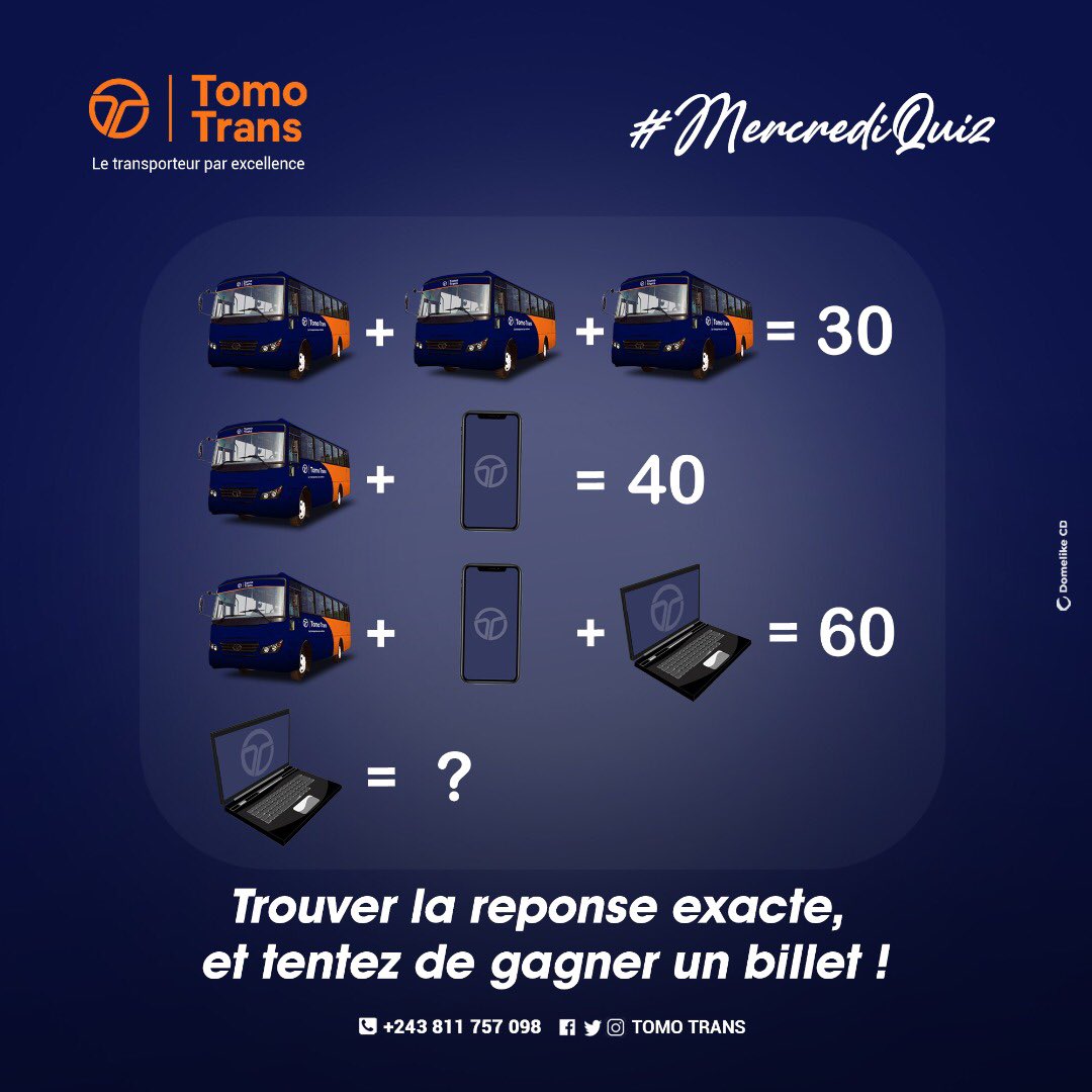 tomo_trans's tweet photo. TOMO TRANS, le transporteur par excellence vous donne l’occasion de gagner un billet gratuit en participant à #𝙈𝙚𝙧𝙘𝙧𝙚𝙙𝙞𝙌𝙐𝙄𝙕𝙕𝙕 d’aujourd’hui 

Condition pour participer : Aimez et Retweetez !

Bonne chance à tous 😊

TOMO TRANS, le transporteur par excellence ! https://t.co/1XzIXJuNDK