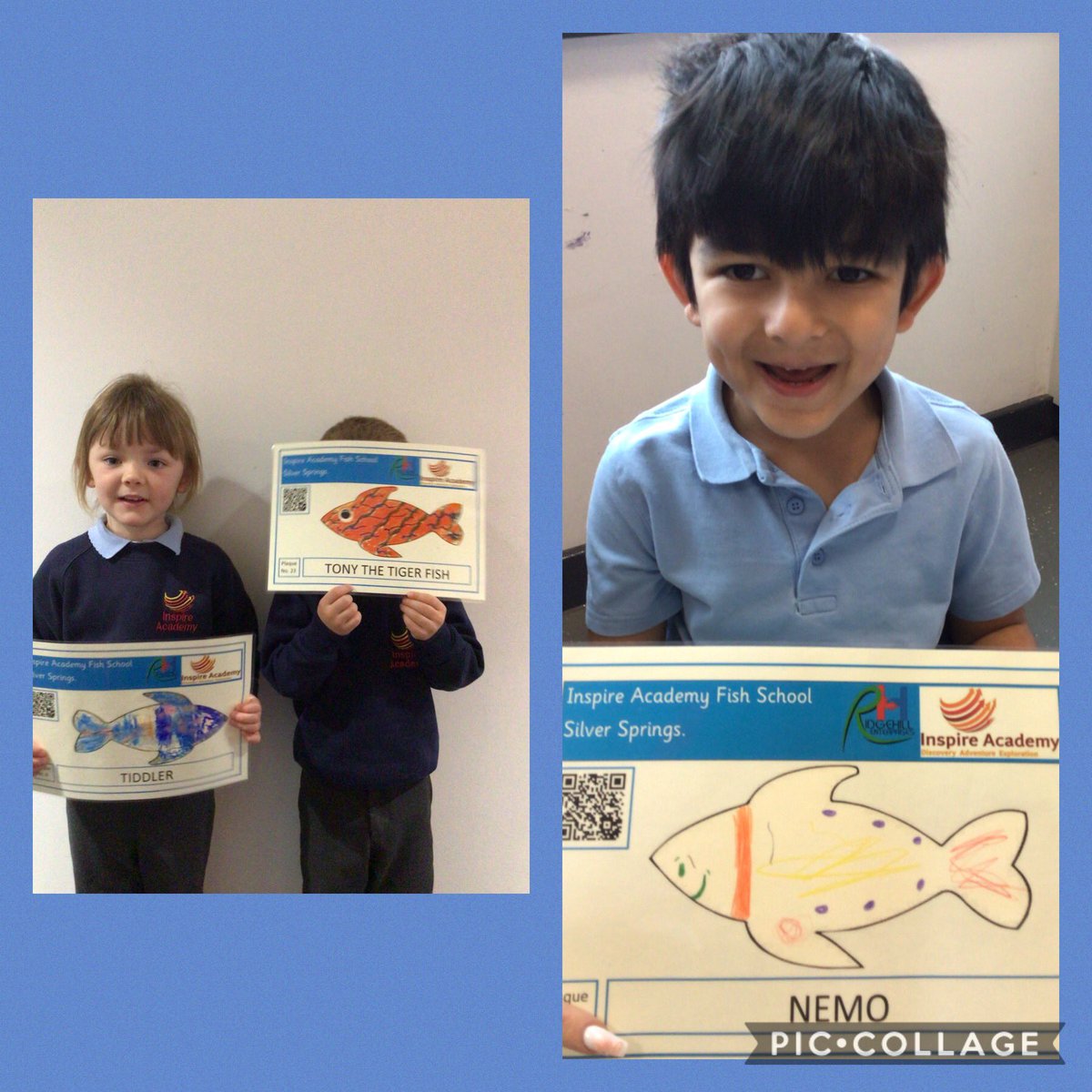 Mr_Connaghan's tweet photo. The eagerly awaited Nursery fish design winners. Three very proud youngsters. #proud #beamingsmiles #inspirefishtrail @Inspire_Ashton @TrustVictorious @MissHadfield1 https://t.co/O7EGauIf01