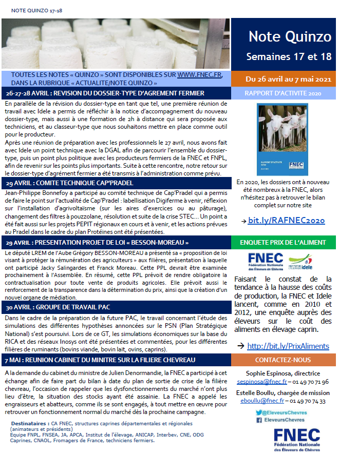EleveursChevres's tweet image. La dernière #NoteQuinzo est parue : révision du dossier-type d’agrément #fermier, comité technique #CapPradel, loi Besson-Moreau, groupe de travail #PAC, réunion cabinet du ministre sur la filière #chevreau, activité #FNEC 2020, enquête prix de l'aliment➡️ bit.ly/PrixAliments