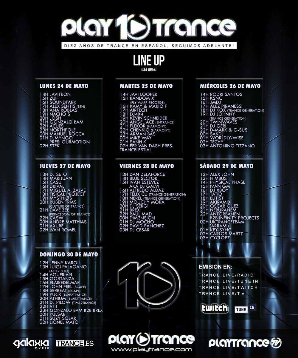 PlayTranceRadio's tweet photo. 🇪🇦 Line-up final de nuestro décimo aniversario.
🇬🇧 Final Line-up of our tenth anniversary.

Síguelo en / follow it on:
https://t.co/BkXHaIcqaI
https://t.co/o6gjRK1owN
https://t.co/I8IQ3Y8rJ8
https://t.co/lj5UrtEYel

#TranceFamily #playtrance10 #trance #spanish https://t.co/LdMHBlOSdA