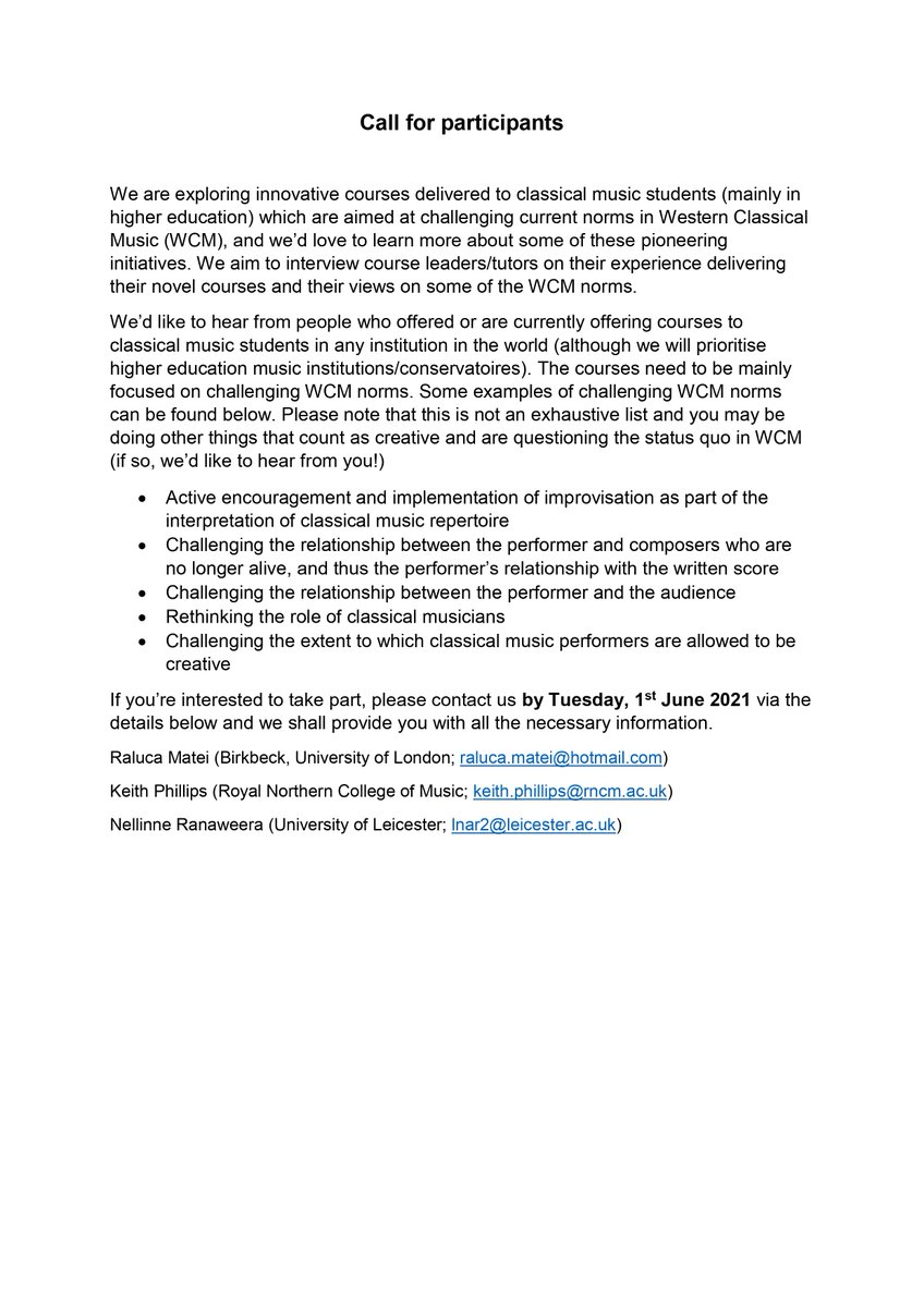 Raluca Matei (@raluca_matei1) on Twitter photo 🧐Looking for people who deliver creative/radical courses to #classicalmusicians aimed at challenging norms in Western #ClassicalMusic <a href="/ChalPerformance/">Challenging Performance</a> <a href="/ukbapam/">BAPAM: Performing Arts Medicine</a> <a href="/AEConservatoire/">AEC</a> <a href="/CUKSNofficial/">CUKSN</a> <a href="/imr_uk/">Institute of Musical Research</a> <a href="/UK_Music/">UK Music</a> <a href="/ESCOMsociety/">ESCOM Society</a>
@HelpMusiciansUK <a href="/cswl_bbk/">CSWL Birkbeck</a> Pls help share 🙏 🧐Looking for people who deliver creative/radical courses to #classicalmusicians aimed at challenging norms in Western #ClassicalMusic <a href="/ChalPerformance/">Challenging Performance</a> <a href="/ukbapam/">BAPAM: Performing Arts Medicine</a> <a href="/AEConservatoire/">AEC</a> <a href="/CUKSNofficial/">CUKSN</a> <a href="/imr_uk/">Institute of Musical Research</a> <a href="/UK_Music/">UK Music</a> <a href="/ESCOMsociety/">ESCOM Society</a>
@HelpMusiciansUK <a href="/cswl_bbk/">CSWL Birkbeck</a> Pls help share 🙏