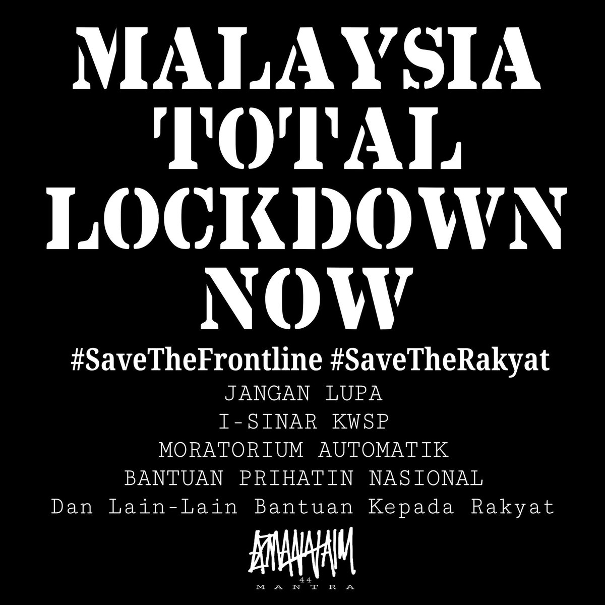 azmannaimmantra's tweet photo. APA TUNGGU LAGI ?
ONE FINAL LOCKDOWN!
MALAYSIA TOTAL LOCKDOWN NOW!
#SaveTheFrontline #SaveTheRakyat #fightcovid19together #savepalestine #Coverosak https://t.co/weajzU322g