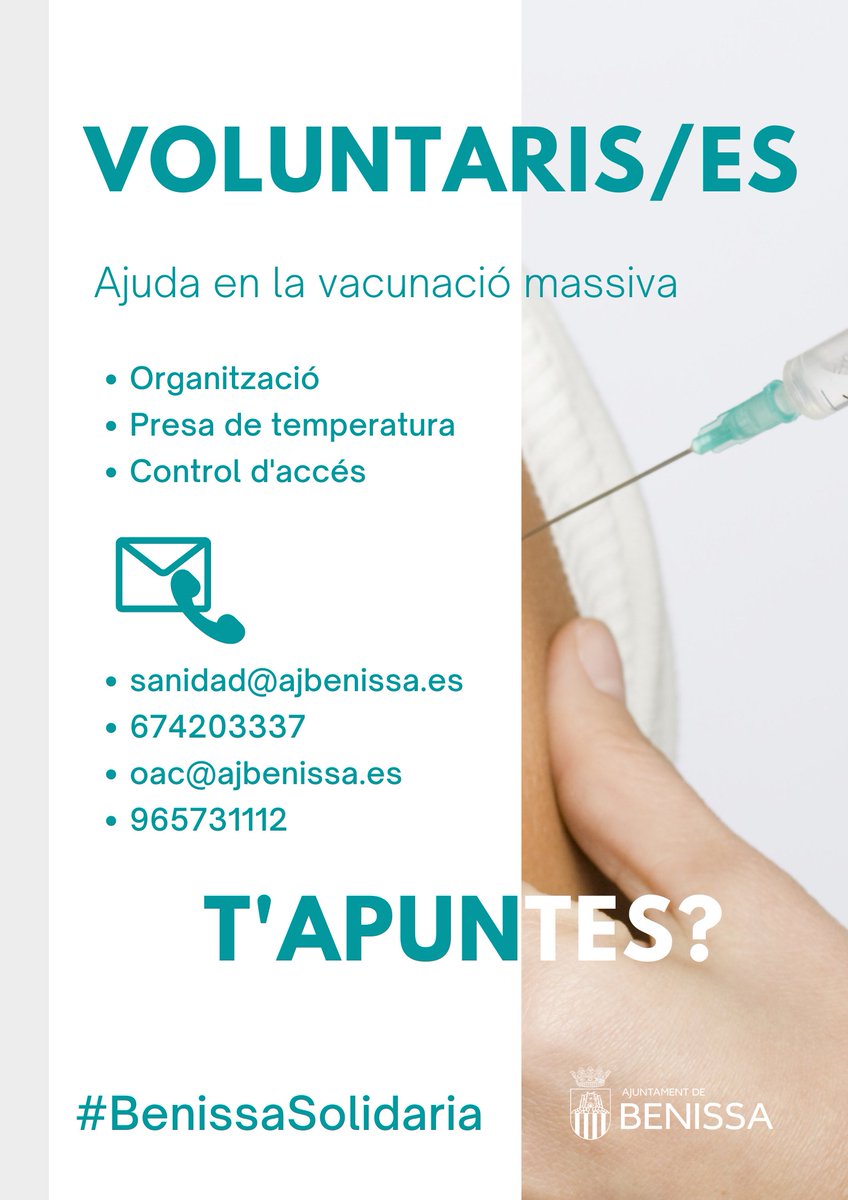 🤝💉Es busquen voluntaris/es per a la campanya de vacunació massiva

🏫L'ajuntament llança una campanya dirigida a la ciutadania i associacions del municipi que puguen estar interessades a col·laborar.

Tota la informació...