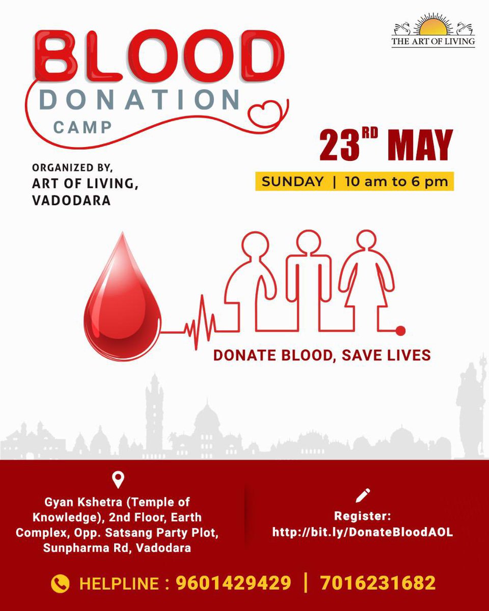jitubhaiyajgd's tweet photo. "Your droplets of blood may create an ocean of happiness for someone.”🩸 @VadodaraAOL organises Blood Donation Camp 
⭕Registration🔗 : https://t.co/y9FIDrs7Ce   ⭕
Let’s all donate and become a warrior to save someone’s life!

Helpline📲: 9601429429, 9376211444
#blooddonation https://t.co/xkVlRdwqLH