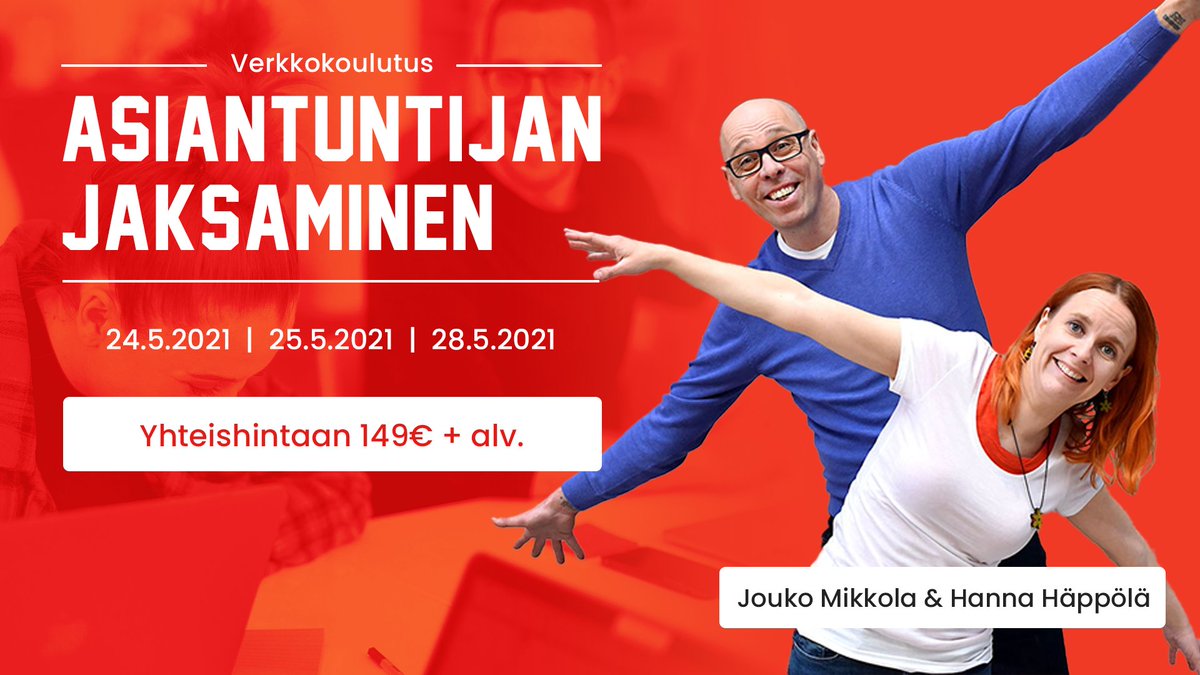 📣Huomio asiantuntijat!

Meillä on 1 paikka vapaana ensi viikon "asiantuntijan jaksaminen" verkkovalmennukseen.

Päätimme lahjoittaa sen hänelle, joka perustelee yhdessä twiitissä parhaiten, miksi juuri hänelle tämä valmennus tulee tarpeeseen. Vastaukset tähän twiittiin tänään.