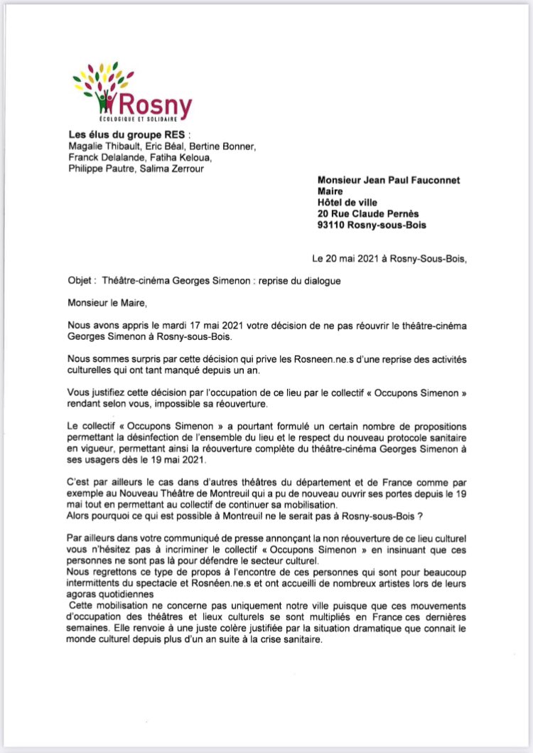 RES_2020's tweet photo. 🎭 Théâtre-cinéma Georges Simenon : les élus @RES_2020 interpellent le Maire Jean-Paul Fauconnet suite à a sa décision de ne pas réouvrir ce lieu. D’autres solutions sont possibles, il est urgent de reprendre la voix du dialogue avc le collectif « Occupons Simenon ». https://t.co/BQZKceJJ0g