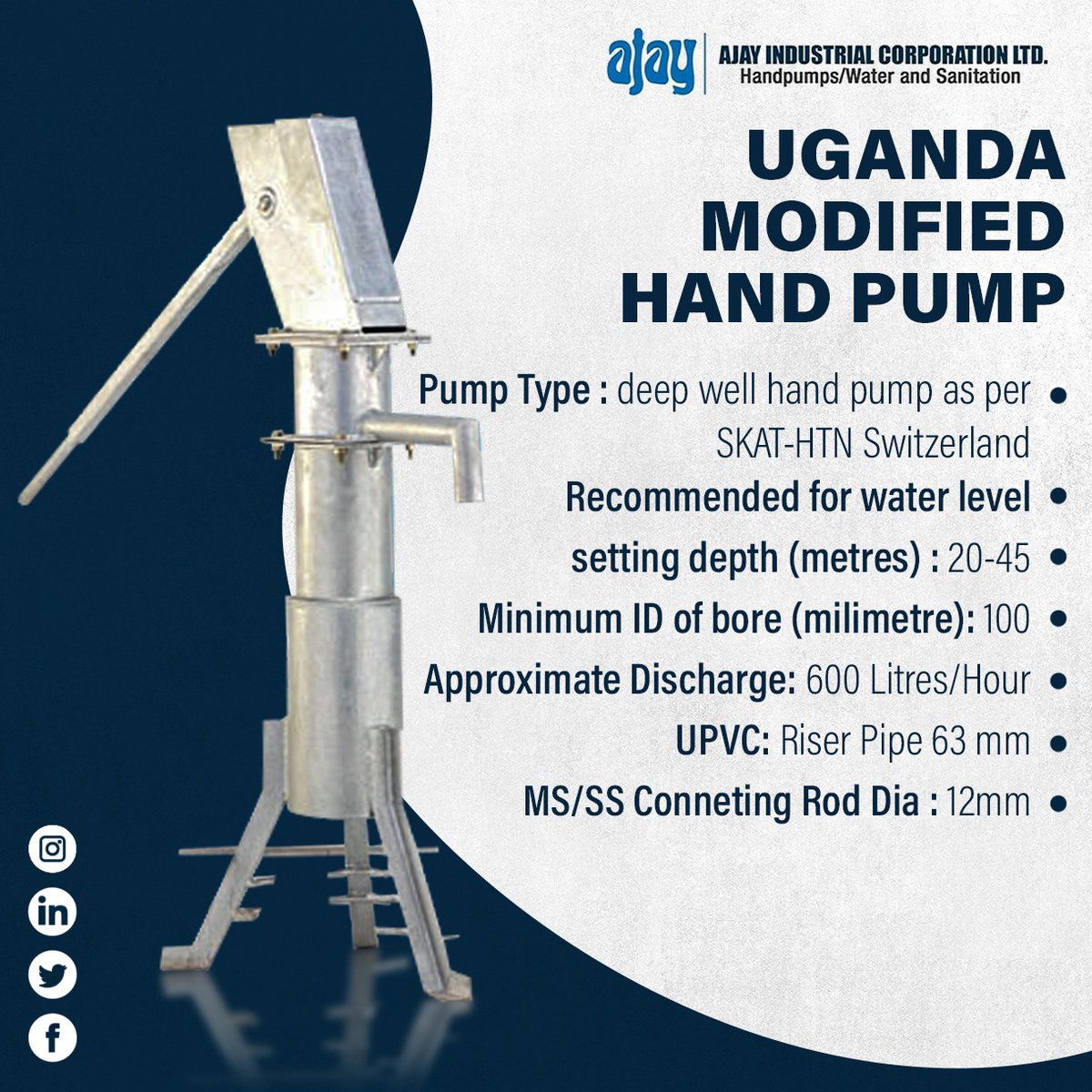 IndustrialAjay's tweet photo. Uganda Modified Handpump is a conventional lever action handpump developed in Uganda. It is designed for heavy-duty use, serving communities of up to 300 persons. The maximum recommended lift is 45 m.

#handpump #water #sanitation #ruraldevelopment #watermanagement #manufacturer https://t.co/oZ4OT8c4WY