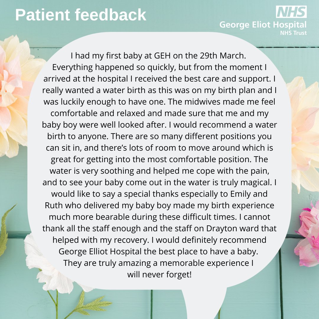 A huge thank you to Tammy for taking the time to share her glowing feedback about a water birth at our hospital. Tammy said 'I would definitely recommend George Elliot Hospital the best place to have a baby. They are truly amazing a memorable experience I will never forget!'