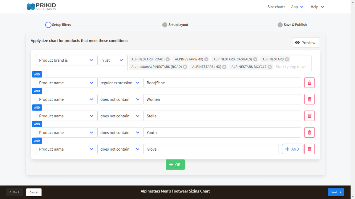 In the Prikid Size Charts app for BigCommerce, to show the size chart only for certain products you can use complex conditions and include or exclude products by specific criteria, such as product name, category, brand, etc

sizecharts.prikid.app

#bigcommerce #prikidapp #ecomm
