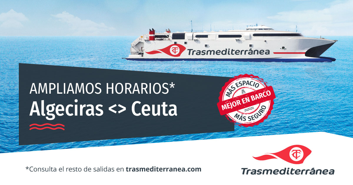 ‼️AMPLIAMOS HORARIOS‼️ Te ofrecemos más opciones para navegar en la ruta Algeciras < > Ceuta.🔝 ¡Disfruta de los mejores servicios a bordo del Fast Ferry Ciudad de Ceuta y llega a tu destino en tan solo 1h y 10minutos! ℹ️ Más info: trasmediterranea.com
