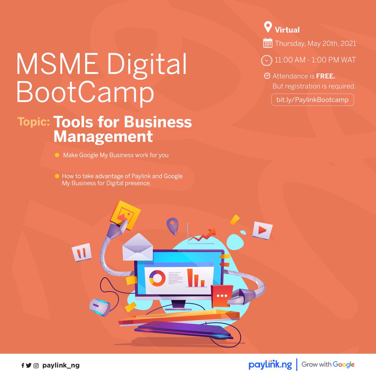 Paylink_Ng's tweet image. It is just an hour to the last series of the #PaylinkMSMEBootCamp!

You can still register with the link below👇
bit.ly/PaylinkSMEBoot…

Do it for your Business 💪🏾

#SMEs #PaylinkNg