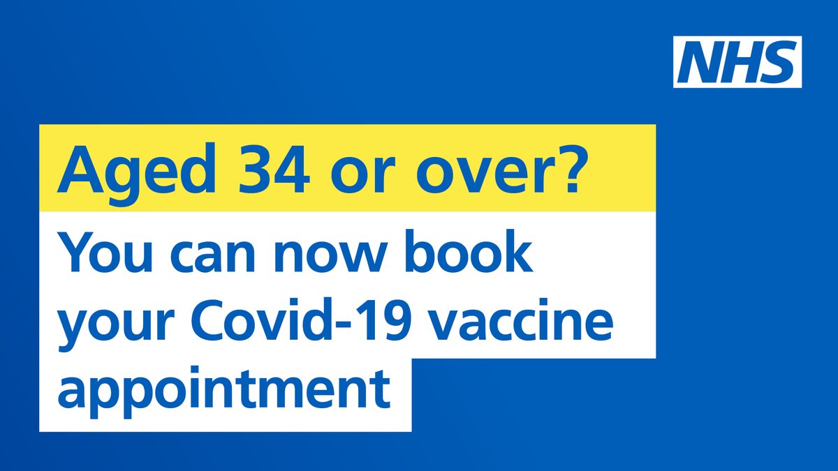 NHSEnglandLDN's tweet photo. If you're aged 34 or over, or if you turn 34 before 1 July 2021, you can now book your COVID-19 vaccine.

Book your vaccination appointment today ➡️ https://t.co/azkC4z2HMV https://t.co/T4vSCZFBRh