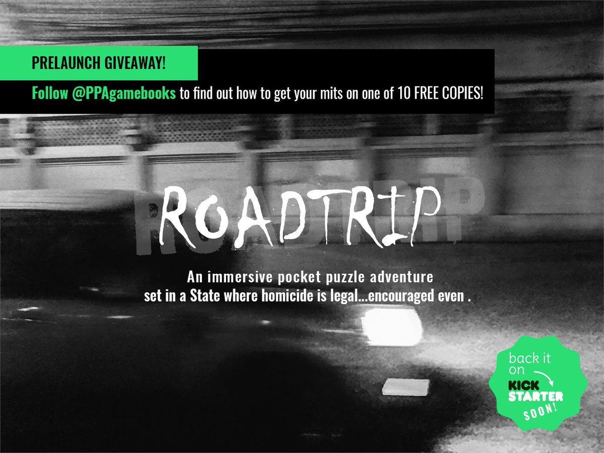 #Gamebook #giveaway! Follow <a href="/PPAgamebooks/">Road Trip: Back on Kickstarter NOW</a> to grab a FREE copy of Road Trip!