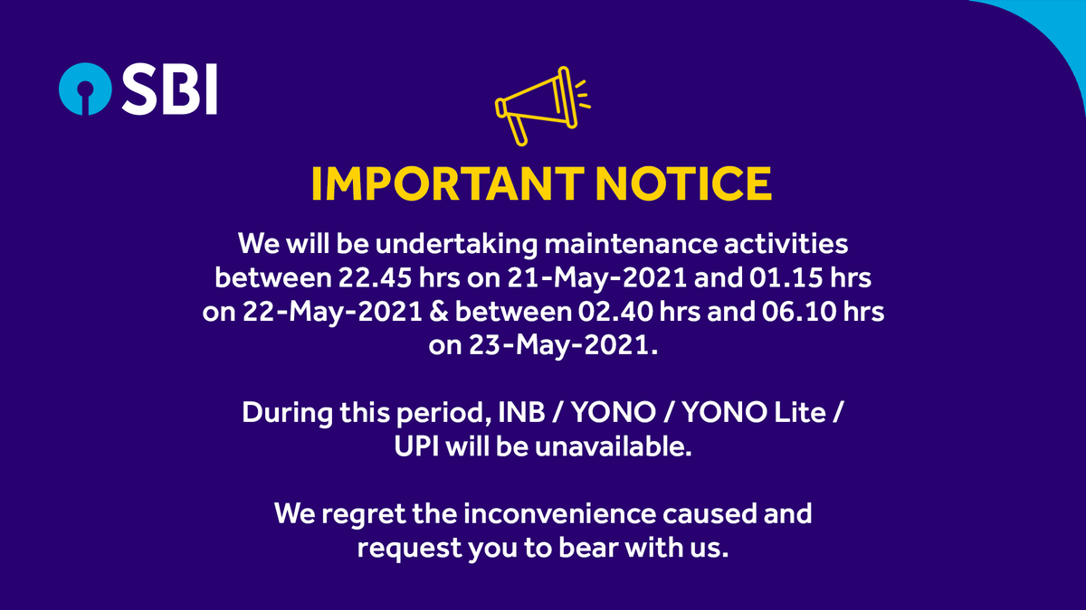 TheOfficialSBI's tweet image. We request our esteemed customers to bear with us as we strive to provide a better banking experience.

#SBI #StateBankOfIndia #ImportantNotice #InternetBanking #OnlineSBI