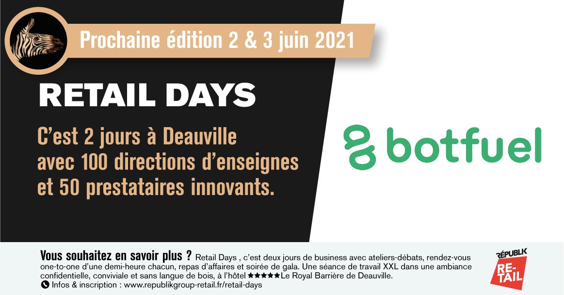 Botfuel (@botfuel) on Twitter photo Les #retaildays approche à grands pas !
Nous sommes ravis de vous retrouver les 2 et 3 juin prochain à Deauville. Nous avons hâte de pouvoir échanger de nouveau avec vous sur vos problématiques de #conversion et d'#engagement #client. <a href="/DelphineGoupy/">Delphine.iacovelli.goupy</a> Les #retaildays approche à grands pas !
Nous sommes ravis de vous retrouver les 2 et 3 juin prochain à Deauville. Nous avons hâte de pouvoir échanger de nouveau avec vous sur vos problématiques de #conversion et d'#engagement #client. <a href="/DelphineGoupy/">Delphine.iacovelli.goupy</a>