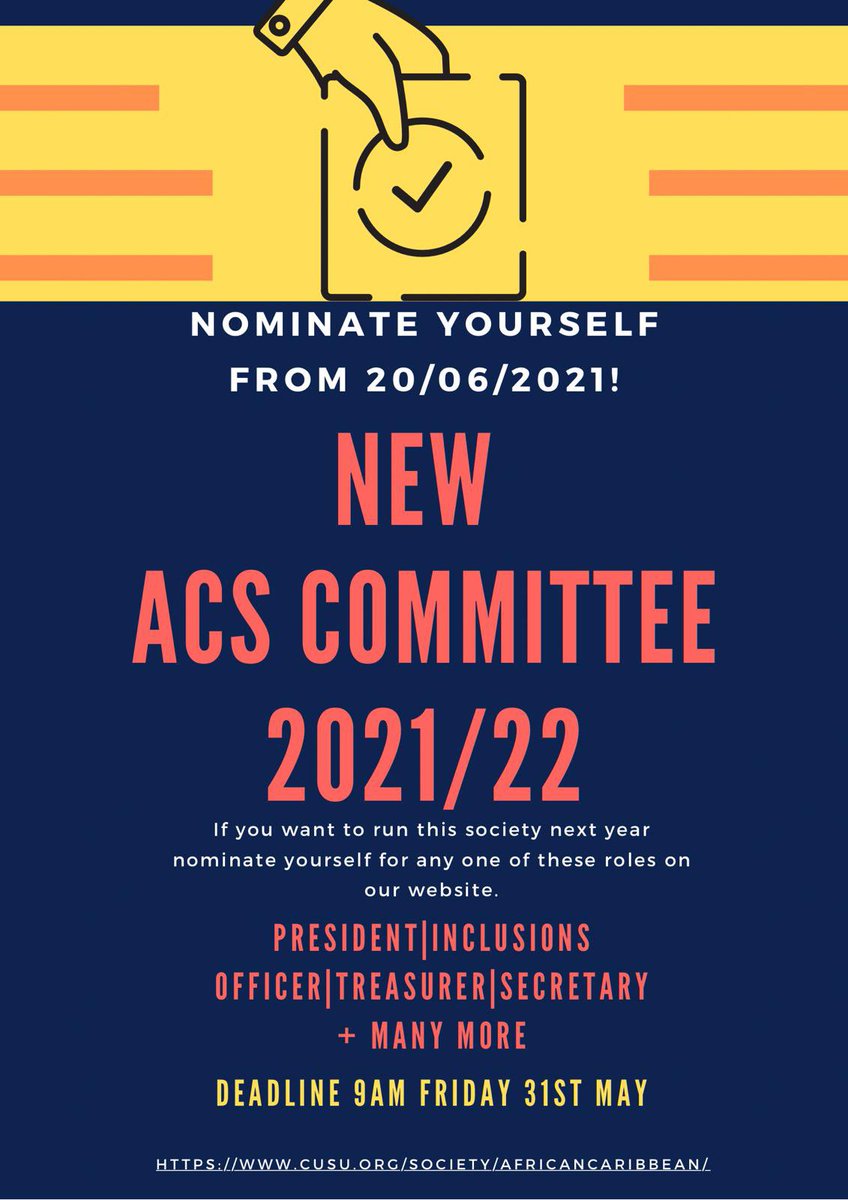 NOMINATE YOURSELF NOWW❗️

If you would like to be part of the 21/22 committee, nominate yourself❗️ Nominations are NOW OPEN. Be sure to nominate yourself on our CUSU ACS page using the link below.

Nominations close on the 31st of May at 9am🗓

cusu.org/society/africa…
