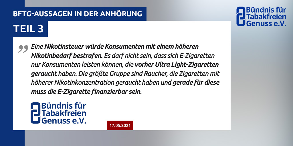 BfTG_DE's tweet photo. BfTG-Statements aus der Anhörung zum TabStMoG

👉  TEIL 3

#ezigarette #dampfen #HarmReduction https://t.co/NsP1lv5XRB