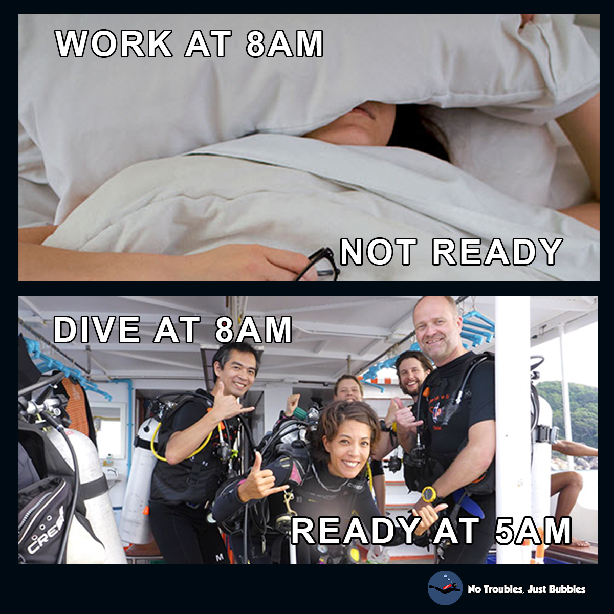 Work vs scuba diving! #diving #scuba #scubadiving #notroublesjustbubbles #ntjb