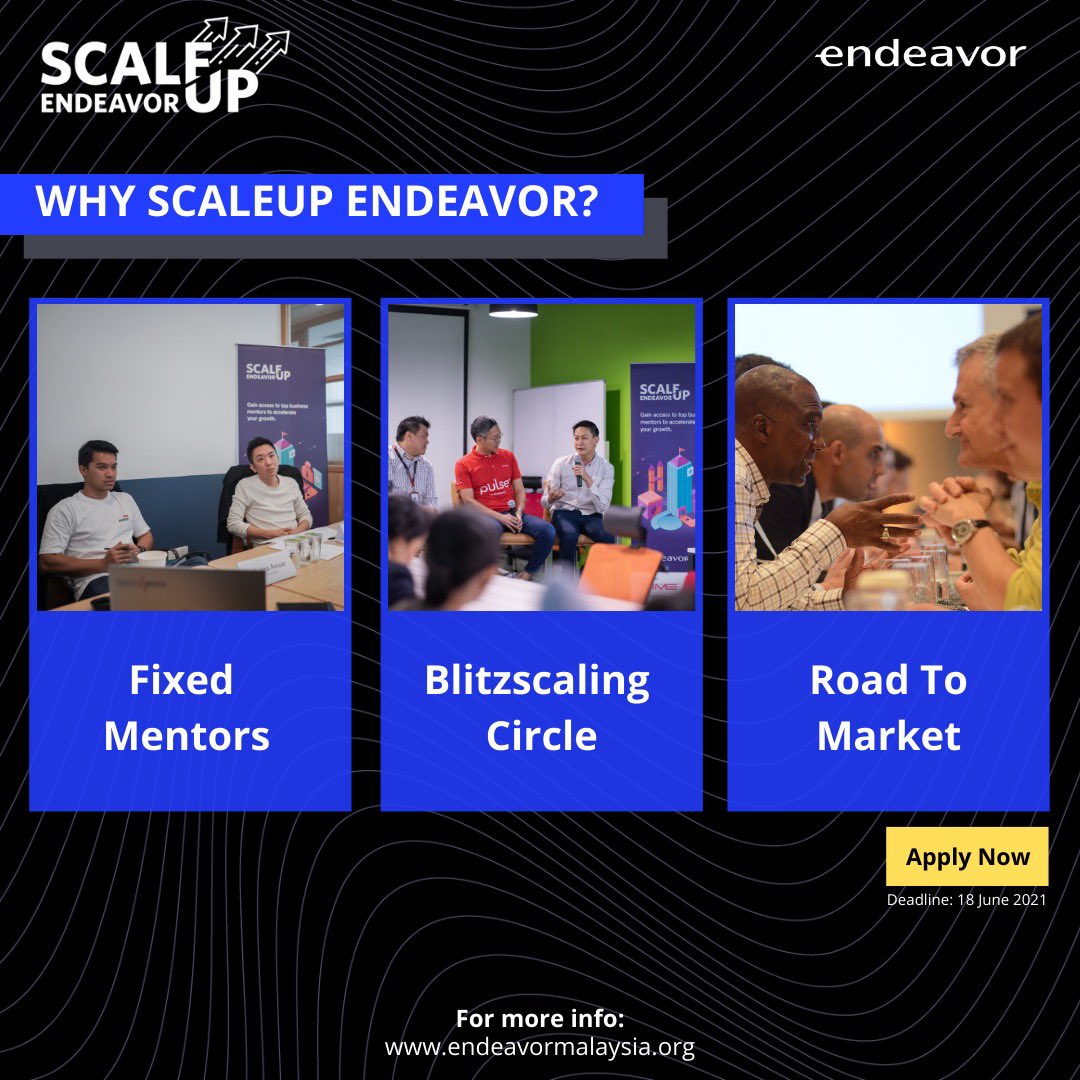 Aimed to supercharge the growth of late stage startup entrepreneurs, the selected companies for the ScaleUp Endeavor Program will be given access to:
• Fixed Mentor
• Blitzscaling Circle
• Road-To-Market
Find out more and apply at bit.ly/3ouDAba before 18th June 2021!