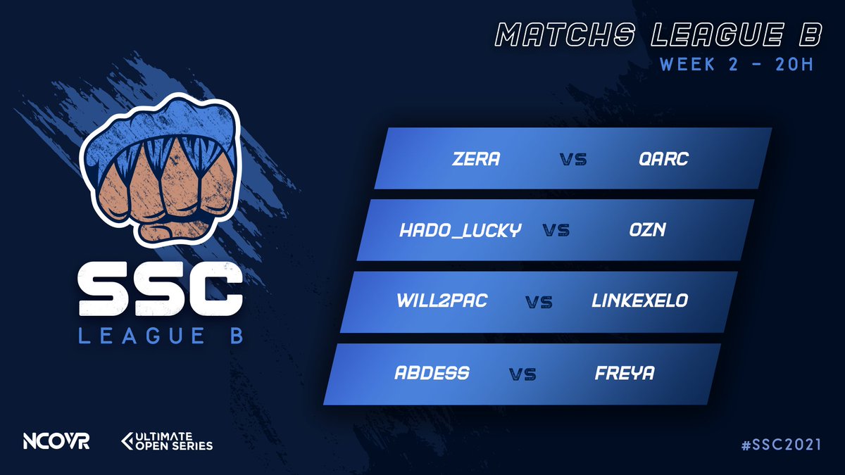Rendez vous ce soir à 20h pour la semaine 2 de la ligue B du SSC !

<a href="/Zera_sama/">Zera</a>  vs <a href="/qarc93/">Quentin</a> 
<a href="/JasonGryson/">Hado_Lucky 🐖</a>  vs <a href="/OzNonline/">OzNNN 🌌</a> 
<a href="/NTSCabdess/">NTSC_Abdess (Boutadjine Abdesselam)</a>  vs <a href="/Linkexelo/">Linkexelo</a> 
<a href="/Wil2pac/">Will2pac</a>  vs <a href="/Linkexelo/">Linkexelo</a> 

🎙️ <a href="/FrDonn/">FrDonn</a>  &amp; @livthemagician 

📺twitch.tv/luffy086

#SSC2021