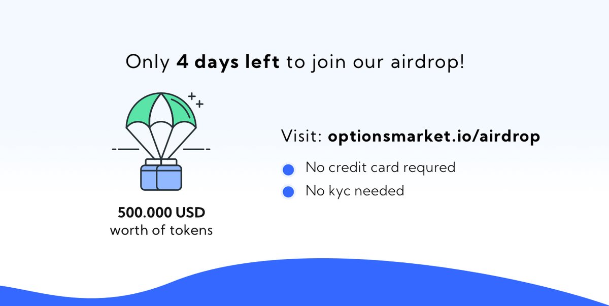 Listen up, guys! Only 4 days left until our airdrop ends! We have given out most of our tokens, so hurry up to grab yours while you still can. All you need to do is to share our platform on social media and we will reward you with our tokens. That's it! optionsmarket.io/airdrop