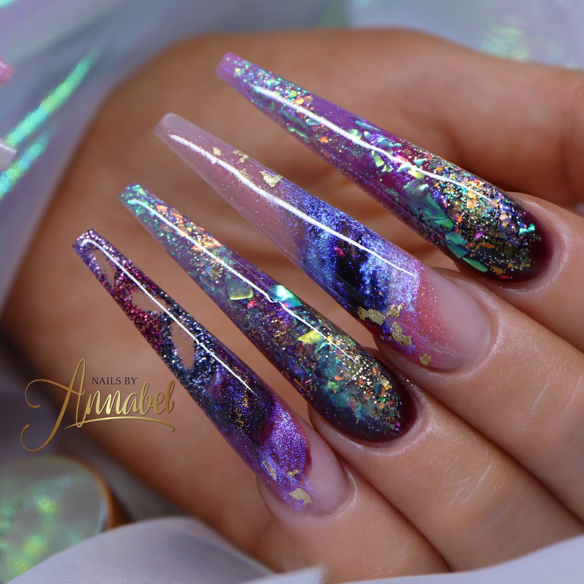 Galaxy vibe nails using all glitterbels acrylics and premixed glitters ✨✨✨