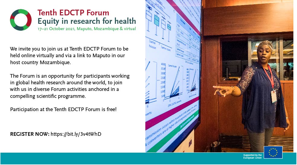 EDCTP's tweet photo. Join the 10th EDCTP Forum "Equity in research for health"
⭐️When: 17-21 October 2021 
⭐️Hybrid
⭐️Registration: free 
⭐️More info: https://t.co/WgqlaV0uif

@WHOAFRO @AfricaCDC @dsw_intl @EMA_News @eu https://t.co/FO8cPSDKXt