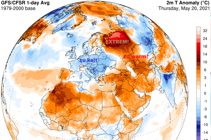 während es bei uns unterkühlt bliebt ist es nur knapp östlich von uns extrem heiß. +30° messen wir in Russland am Polarkreis - hier seht ihr gut wie abartig diese Temperaturabweichung vom Mittel in der Region gerade ist: