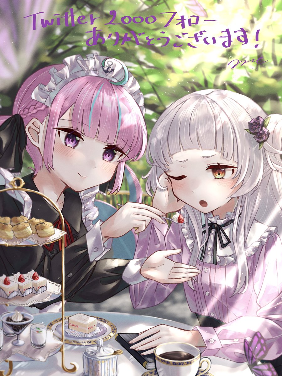 minato aqua ,murasaki shion multiple girls 2girls food feeding cup one eye closed cake  illustration images
