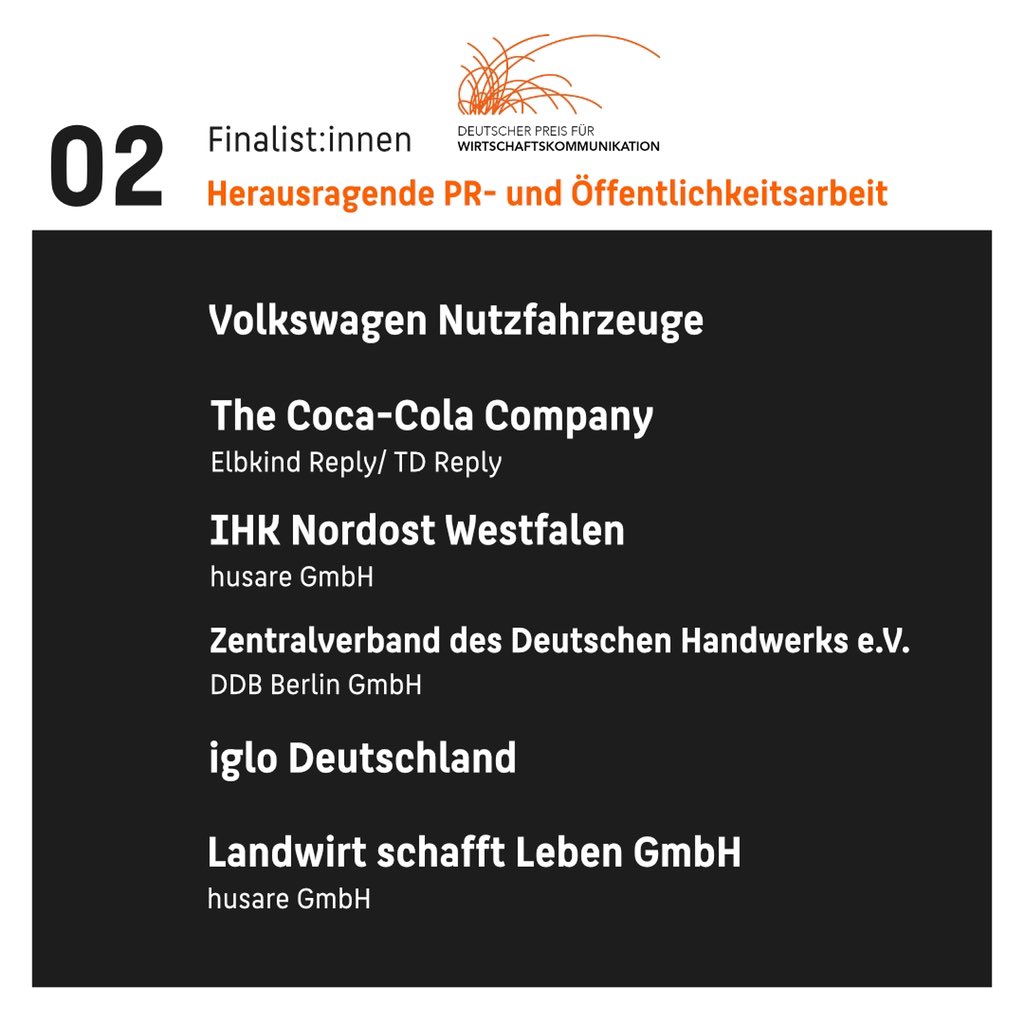 <a href="/igloDeutschland/">iglo Deutschland</a> <a href="/CocaCola/">Coca-Cola</a> @IHK_NW <a href="/dashandwerk/">Das Handwerk</a> <a href="/husare_/">husare gmbh</a>  <a href="/DDB_Germany/">DDB Germany</a> <a href="/ElbkindReply/">Elbkind Reply</a>