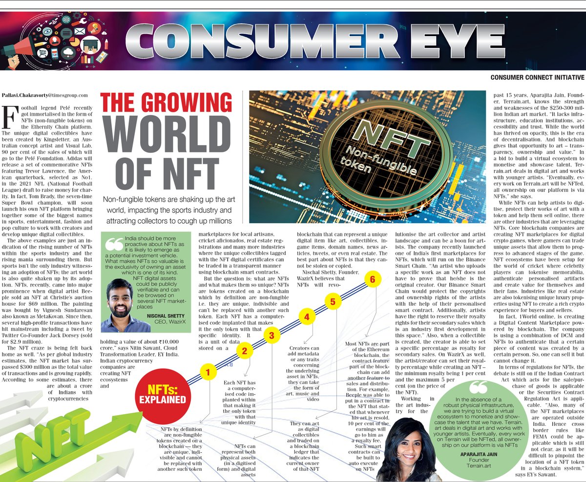 The Growing World of NFT: Non-fungible tokens are shaking up the art world, impacting the sports industry and attracting collectors to cough up millions  <a href="/EY_India/">EY India</a> <a href="/NischalShetty/">Nischal (Shardeum) 🔼</a> <a href="/WazirXIndia/">WazirX: India Ka Bitcoin Exchange</a> <a href="/aparajitajain/">Aparajita Jain</a> <a href="/terrain_art/">terrain.art</a> <a href="/1World_Online/">1World Online</a>  <a href="/pallaviaqua/">pallavi chakravorty</a>