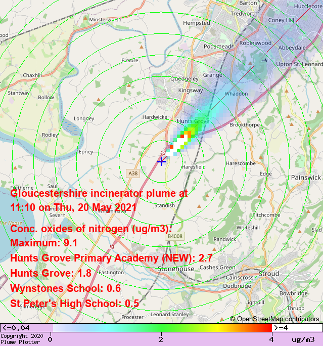 plumeplotter's tweet photo. Latest Gloucestershire incinerator plume plot, 11:10 20/05/21 #HuntsGrove #Whaddon #Matson https://t.co/mtbEc3uClI https://t.co/oow6jb3Aj6