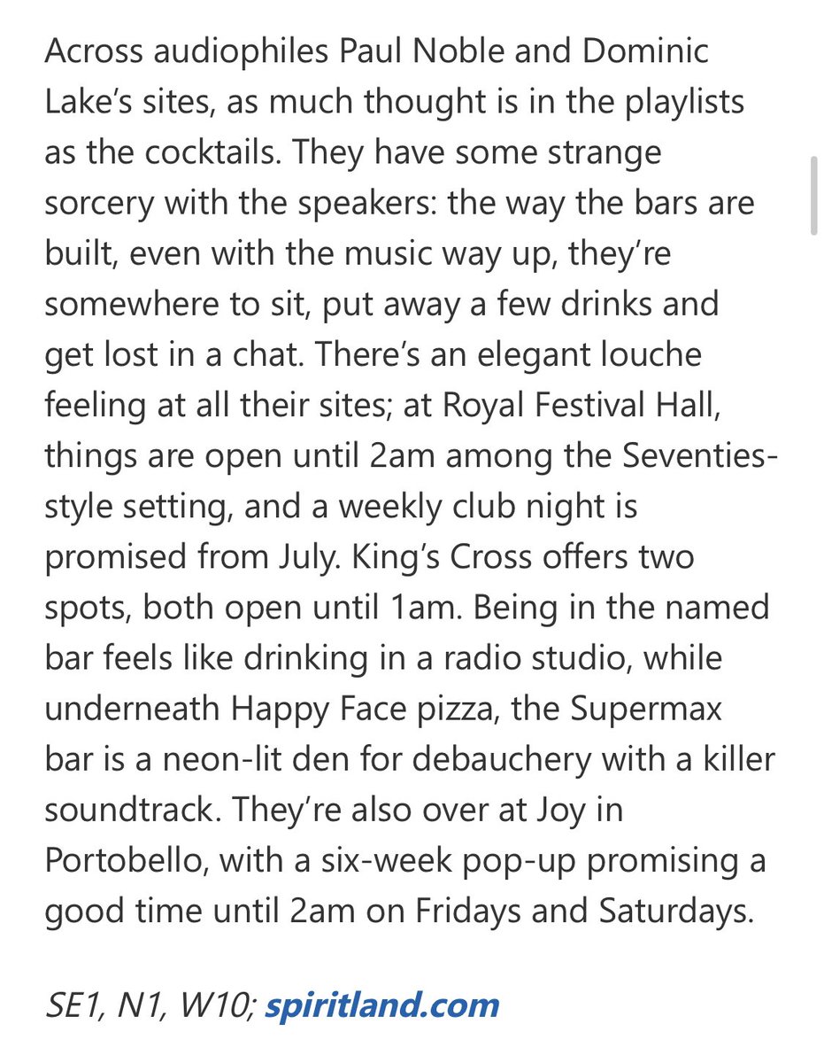Huge thanks to <a href="/dvh_ellis/">David Ellis</a> for highlighting our efforts to keep late night London groovy at Spiritland King’s Cross, Royal Festival Hall, SUPERMAX and our popup at <a href="/JoyPortobello/">Joy_at_Portobello</a> <a href="/standardnews/">Standard News</a>