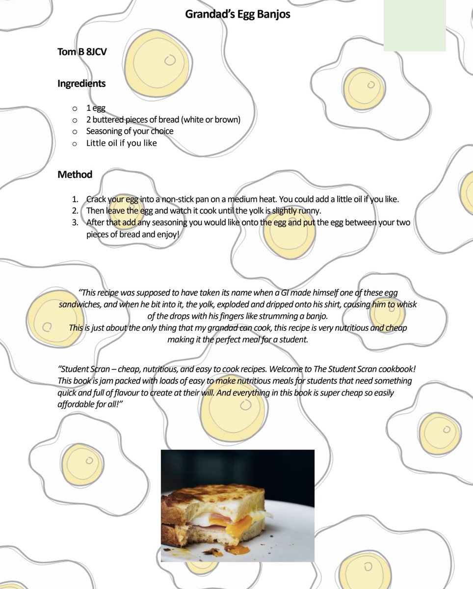 Just one page, from the 126 pages, of ‘Unity’, collection of recipes by pupils in yrs 7&amp;8 in in the first lockdown, available to order tomorrow! A stonking good read,and you won’t be able to resist cooking some of them too! <a href="/Food_Grange/">Food & Nutrition | The Grange School</a> <a href="/grange/">grange Laurent</a> <a href="/Enrich_Grange/">Enrichment | The Grange School</a>  <a href="/CommunityGrange/">Community & Charities | The Grange School</a>
