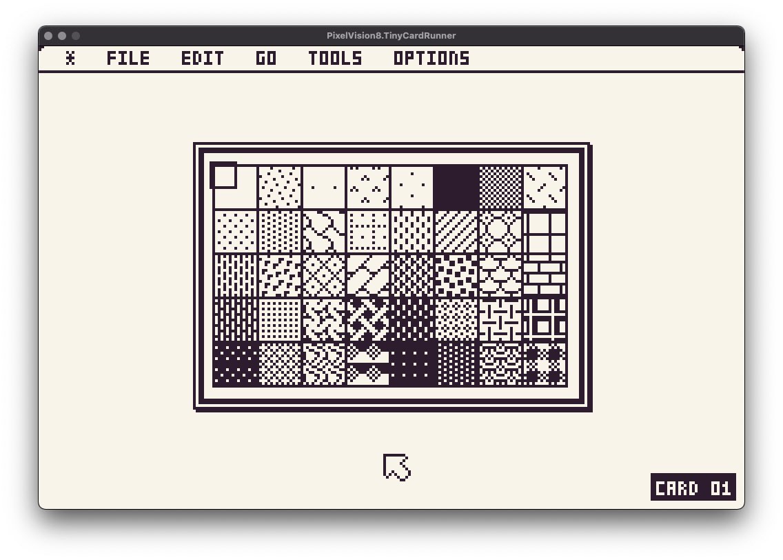 jessefreeman's tweet photo. Couldn’t sleep, so I got up early & started building #TinyCard’s pattern picker. Didn’t take me long. All of the canvas APIs are there so it’s just a matter of reading the sprites, setting the pattern, & drawing filled rectangles. Now to wire it all up! #gamedev #ux #pixelart https://t.co/1vh5WQ1JZH