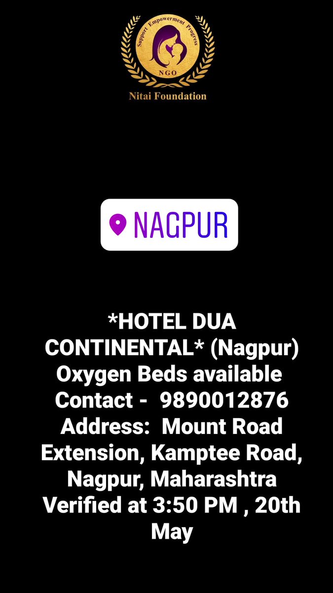 FoundationNitai's tweet photo. Nagpur beds update.
#nagpur #OxygenBeds #ICUBeds Note: plz don't pay in advance for anything. #BedsAvailability 
@vishakhatalreja @awwwnchal @DhannData @mrssoftmalhotra @Starkaur333 @ananyaalol @swatic12 @PoddarVaishali @bakchodherre @AmirLadka @DressesMania1 https://t.co/RrBFLu6a12