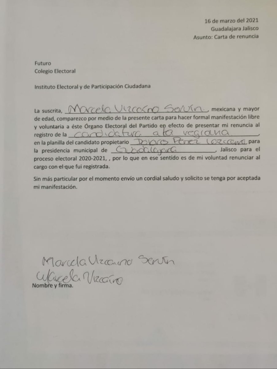 Yo no tenía idea de cómo era renunciar y aquí está la prueba de la carta que entregué al equipo de <a href="/DoPerezLazcarro/">Dolores Pérez-Lazcarro 🇵🇸</a>  ya que supe cómo era y un  mes después me hablaron que tenía hasta las 12 de la noche para ratificar en el Iepc y yo estaba fuera de la ciudad. <a href="/GloReza/">Gloria Reza</a>