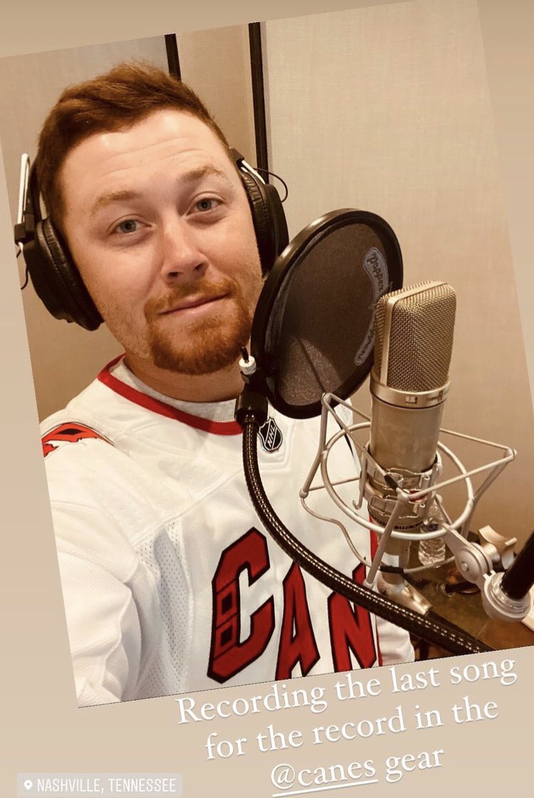 ScottyMcCreery's tweet photo. Finished my final recording session for the new album in Nashville yesterday (wearing my Canes jersey of course). Then, flew to Raleigh to be in the crowd with Gabi and friends to watch the game and see them win. Go @Canes!! https://t.co/3LZmoL3brl