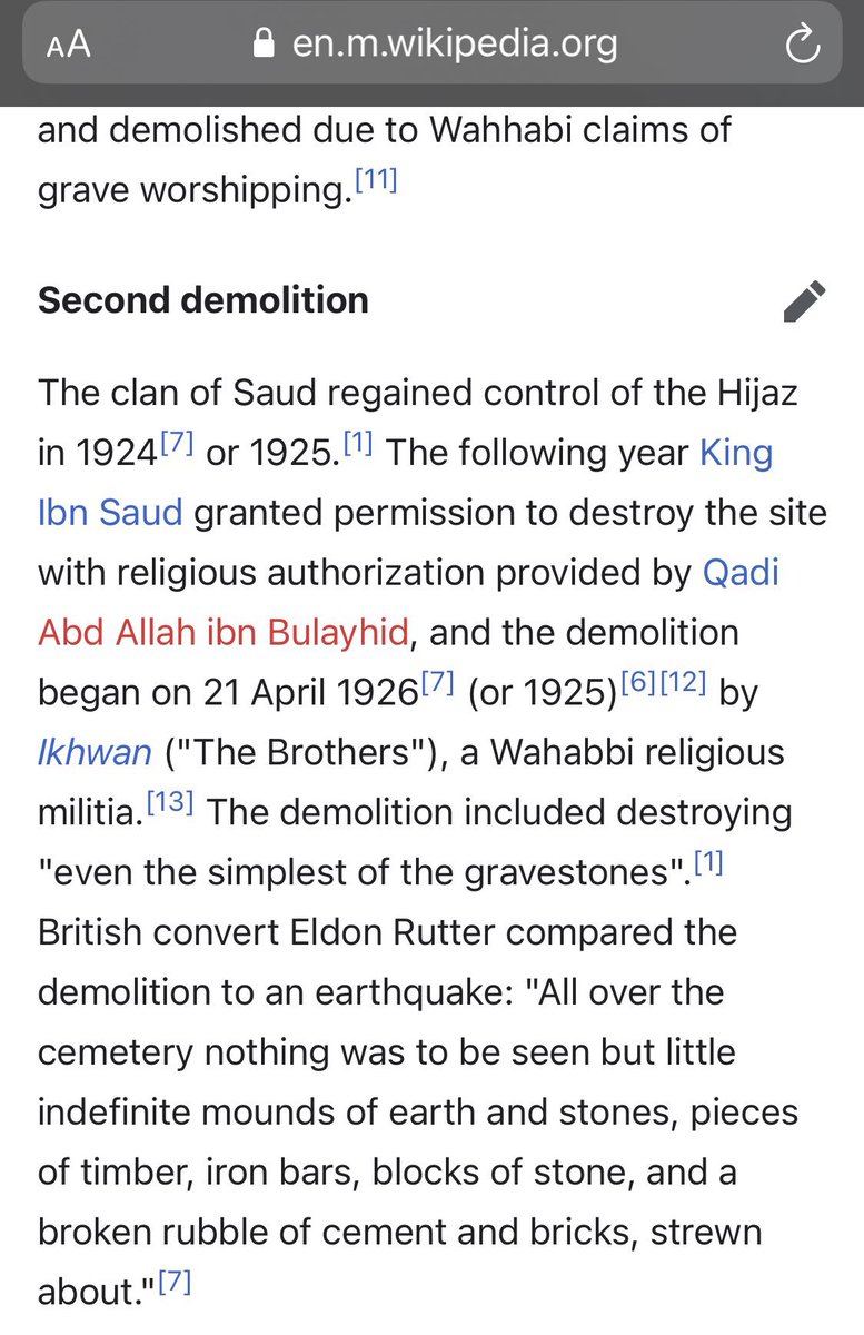 SayedModarresi's tweet photo. It’s 95 years since Wahhabi savages  demolished the sacred Baqee shrines in 1926 with authorization of Qadi Abdul Bin Bulaihed and by orders of king Ibn Saud. #RebuildBaqee https://t.co/rxNPX4zNZV