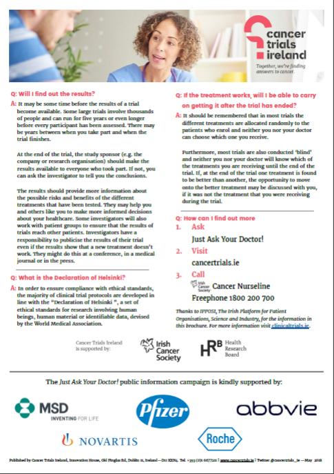 For our last tweet of the day today, we would like to post some FAQs by #clinicaltrial patients. 

These are available on the @cancertrials_ie website!

Happy #InternationalClinicalTrialsDay and don't forget to #AskYourDoctor!🤍

@BreakthroCancer @IrishCancerSoc @CorkARCcancer